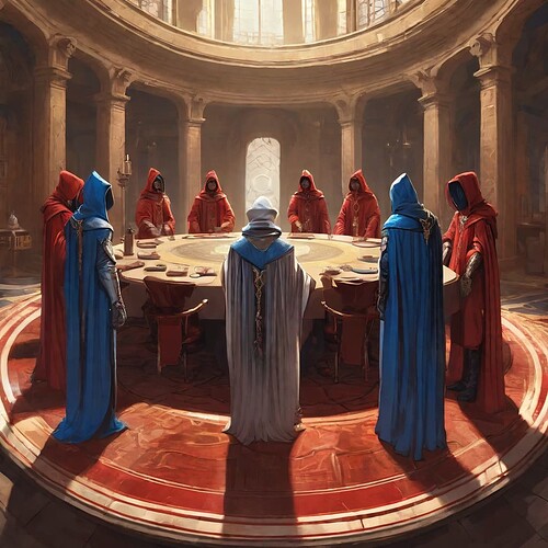 A_council_of_six_hooded_figures_in_red_robes,_one_in_white_and_gold_robes,_and_one_in_blue_robes,_around_a_round_table_in_a_great_hall,_sci_fi,_digital_art
