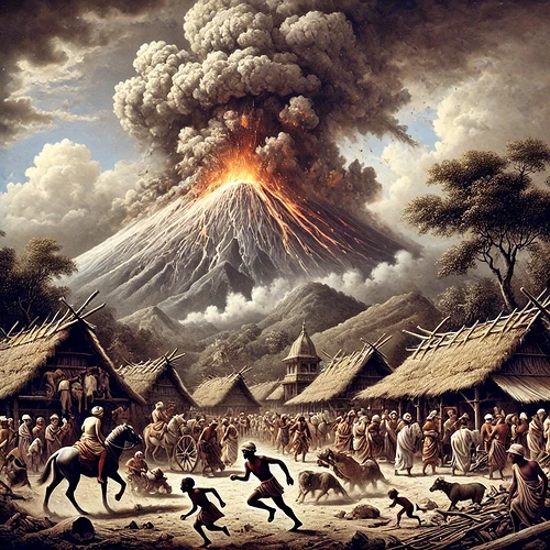 An illustration of an ancient South Cordilian village being destroyed by the catastrophic 2691 BCE eruption of Mount Zhrana.