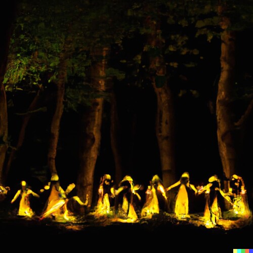 DALL·E 2023-08-03 10.36.54 - Many elven spirits glowing yellow in a dark forest at midnight