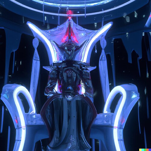DALL·E 2023-04-05 06.52.55 - Robotic Elven Galactic emperor sitting on his throne in a big spaceship
