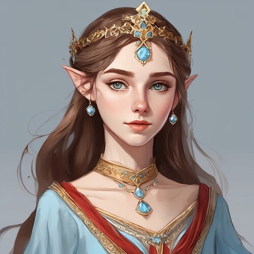 16_year_old_elf_princess_teenager_oval_face_with_high_cheekbones_almondshaped_eyes_and_a_small_straight_no...yet_defined_jawline_elegant_ethereal_look_brown_hair_wearing_a_very_slim_circlet_with_light_blue_gemstones_fully_red_modes